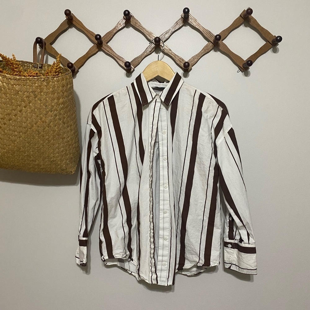 Zara Women's White and Brown Striped Button-Down Shirt